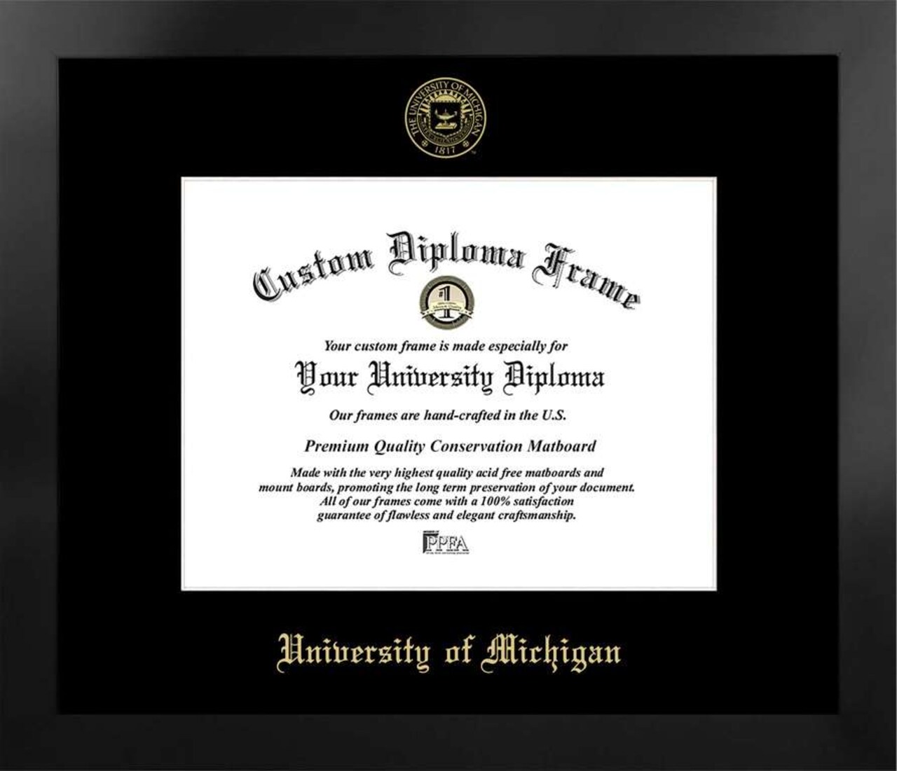 University of Michigan 11w x 8.5h Manhattan Black Single Mat Gold Embossed Diploma Frame with Bonus Campus Images Lithograph (value savings at $59)